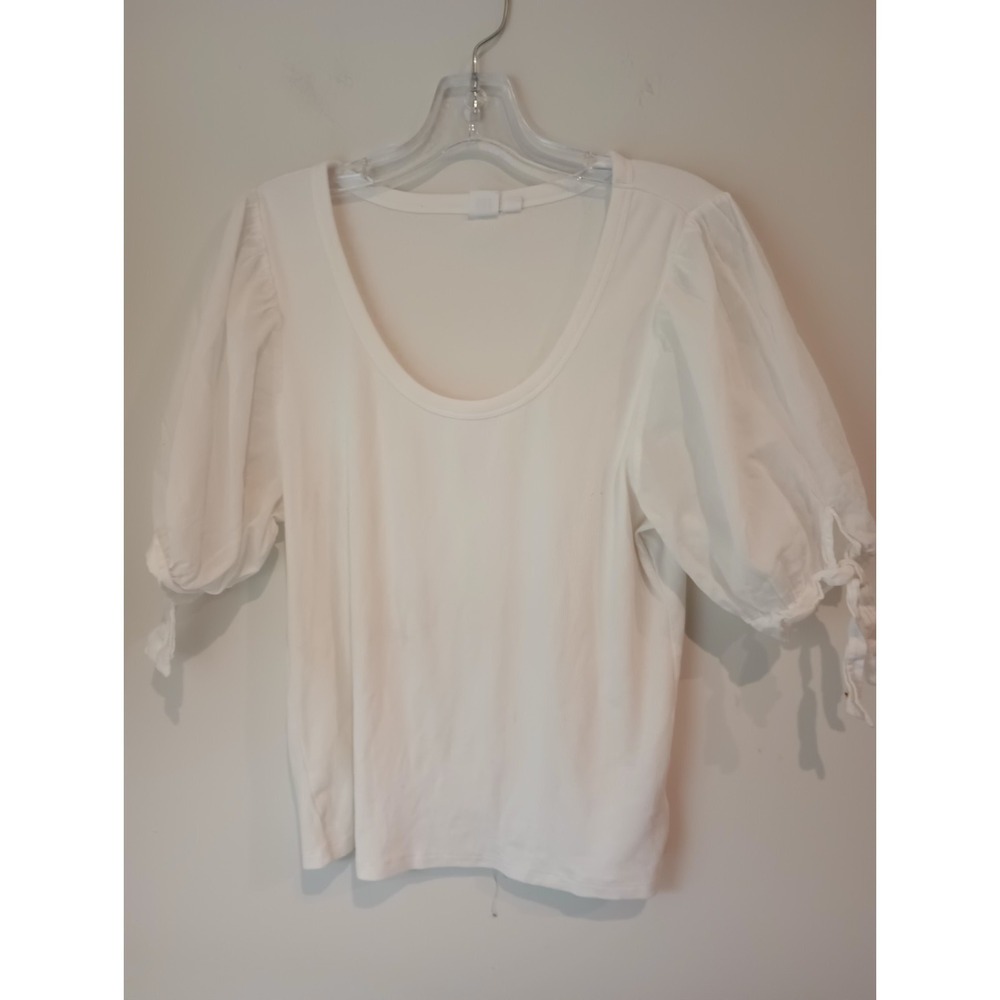 GAP White Puff Sleeve Ribbed Top Large L Scoop Neck Mixed Media Tie Cuff Blouse